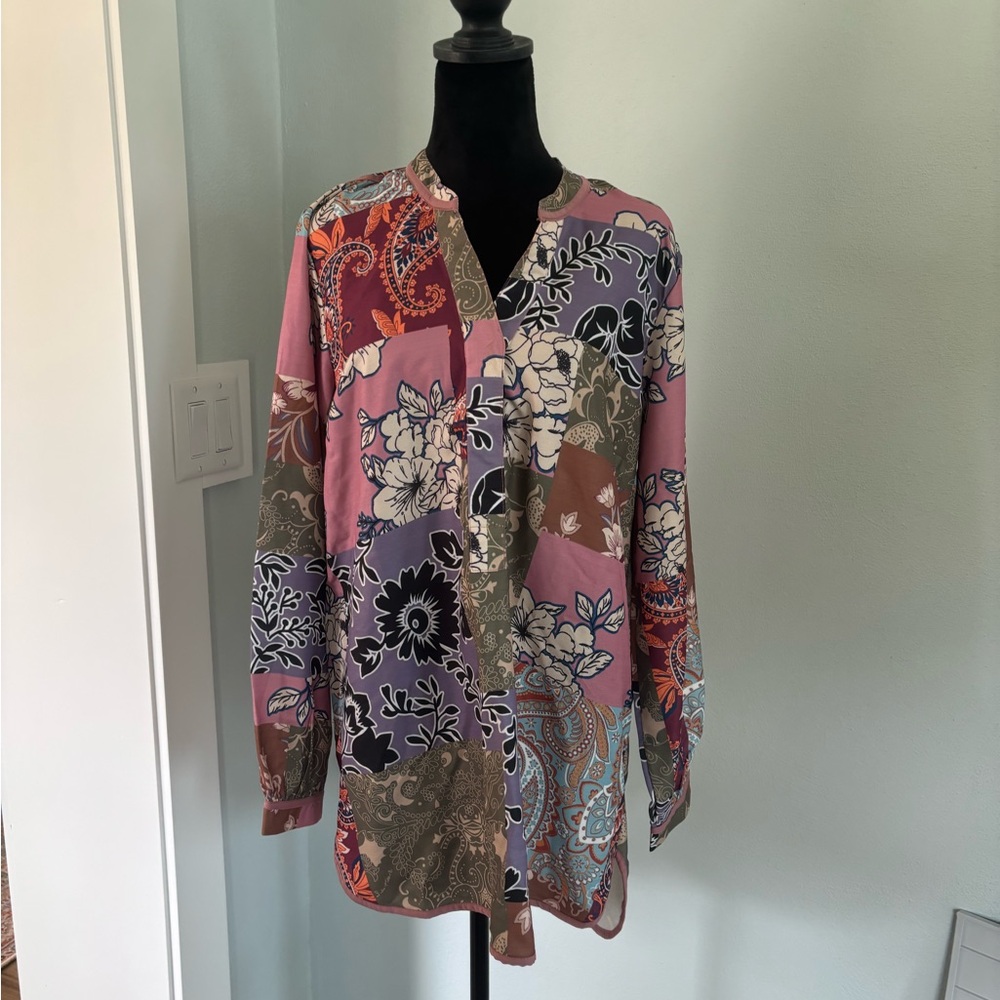 Patchwork Floral Long-Sleeve Blouse - Pink Multi